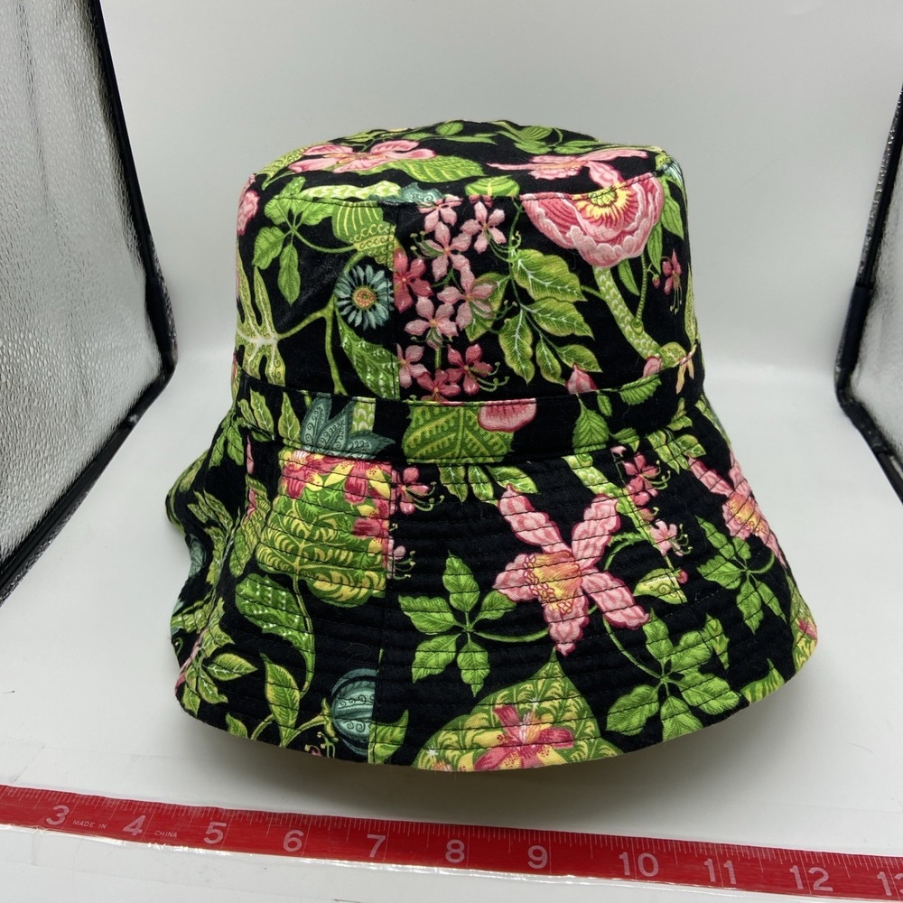 Vera Bradley Black Floral Quilted Bucket Hat with Pink & Green Accents